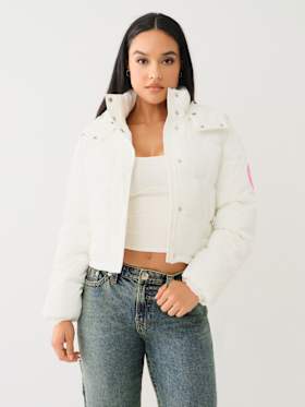 FAUX PATENT LEATHER HOODED PUFFER JACKET 