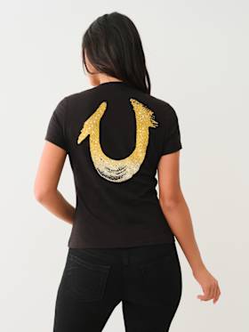 CRYSTAL OMBRE HORSESHOE V NECK TEE