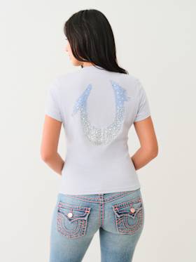 CRYSTAL OMBRE HORSESHOE V NECK TEE