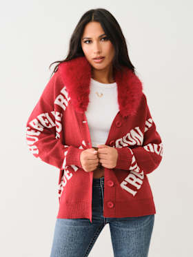 FUR TRIM LOGO CARDIGAN