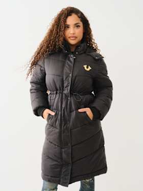 FUR TRIM HOODED LONGLINE PUFFER JACKET