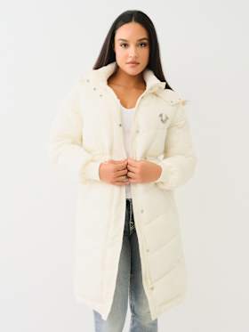 FUR TRIM HOODED LONGLINE PUFFER JACKET