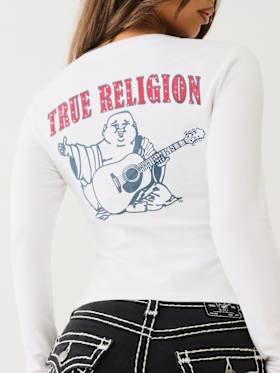 CRYSTAL LOGO LONG SLEEVE V NECK TEE