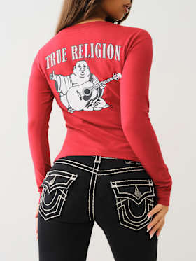 CRYSTAL LOGO LONG SLEEVE V NECK TEE