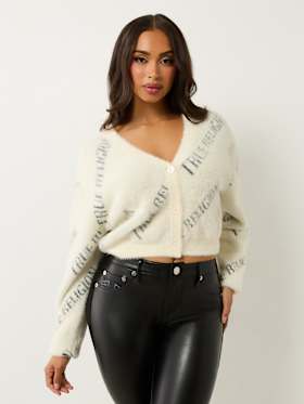 FUZZY LOGO CROP CARDIGAN SWEATER