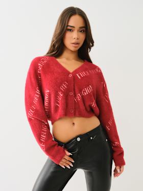 FUZZY LOGO CROP CARDIGAN SWEATER