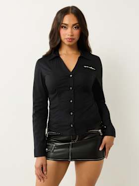 POPLIN EMBROIDERED LOGO V NECK SHIRT