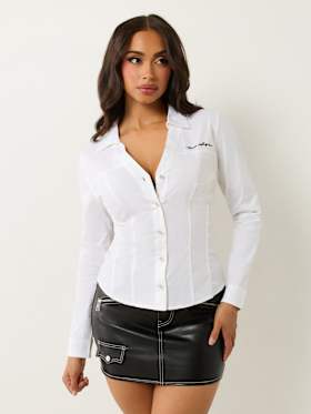 POPLIN EMBROIDERED LOGO V NECK SHIRT