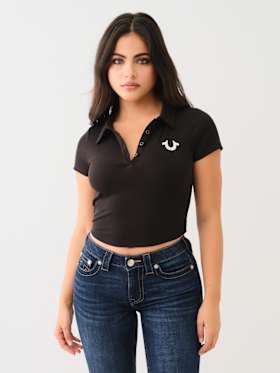 EMBROIDERED CROPPED RIBBED POLO SHIRT