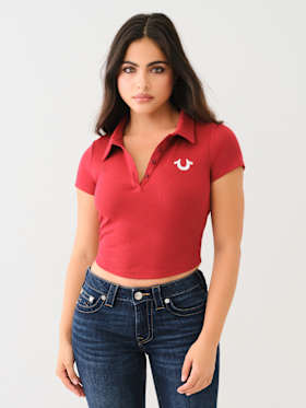 EMBROIDERED CROPPED RIBBED POLO SHIRT