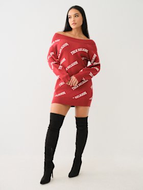 OFF-THE-SHOULDER LOGO SWEATER DRESS
