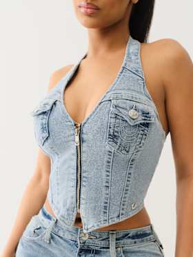 ZIP DENIM HALTER TOP