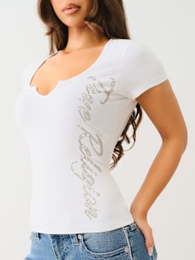 CRYSTAL TRUE RELIGION V NOTCH TEE