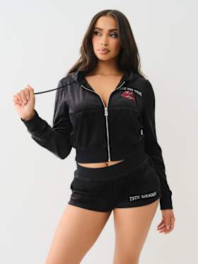 VELOUR CRYSTAL LIPS SHRUNKEN ZIP HOODIE
