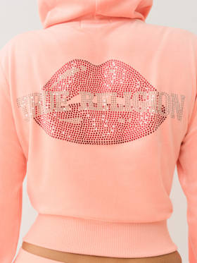 VELOUR CRYSTAL LIPS SHRUNKEN ZIP HOODIE