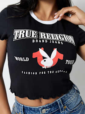 TRUE RELIGION X PLAYBOY LETTUCE EDGE HEM BABY TEE