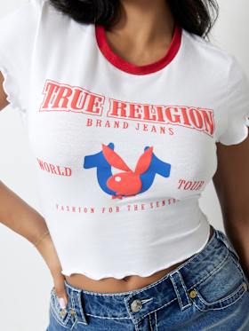 TRUE RELIGION X PLAYBOY LETTUCE EDGE HEM BABY TEE