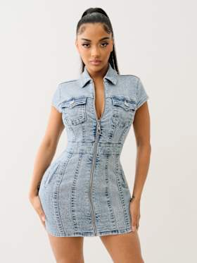 DENIM ZIP FRONT MINI DRESS