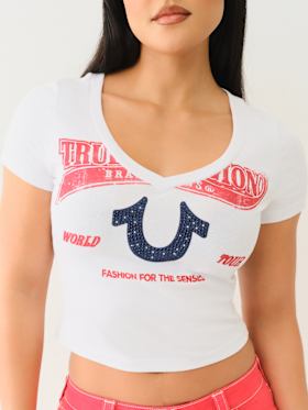CRYSTAL HORSESHOE V NECK BABY TEE