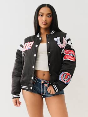 SATIN VARSITY BOMBER JACKET