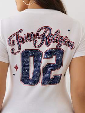 CRYSTAL SPORTY V NECK TEE