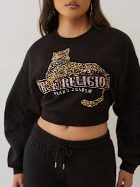 CRYSTAL LEOPARD RUCHED LONG SLEEVE PULLOVER