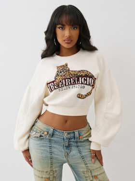 CRYSTAL LEOPARD RUCHED LONG SLEEVE PULLOVER