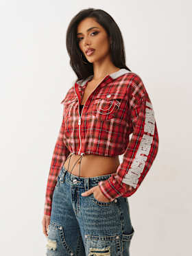 APPLIQUÉ SHRUNKEN FLANNEL HOODIE TOP