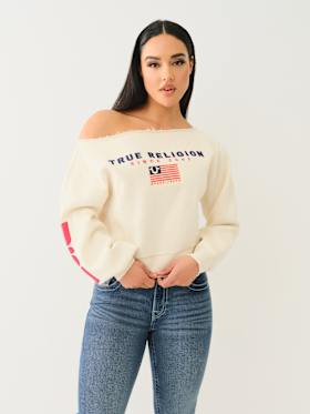 OFF THE SHOULDER EMBROIDERED PULLOVER