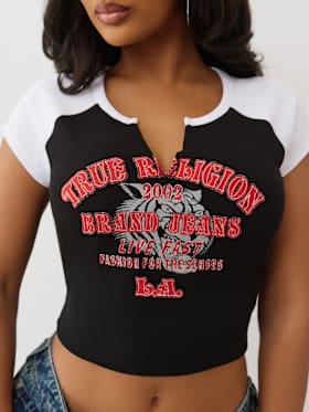 EMBROIDERED V NOTCH RIBBED RAGLAN TEE