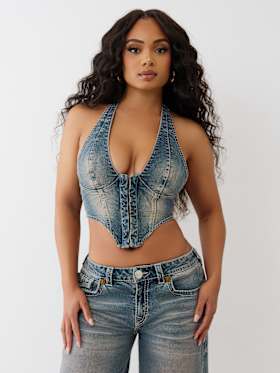 EMBROIDERED DENIM HALTER CORSET TOP