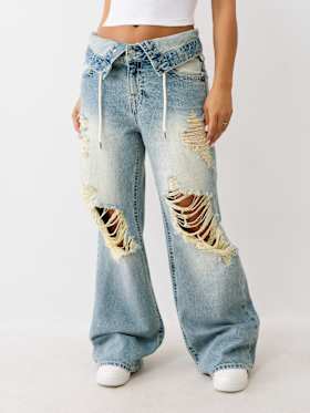 BOBBI DOUBLE WAISTBAND DISTRESSED BAGGY JEAN