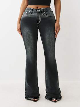 RUCHED MID RISE FLARE JEAN