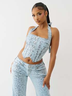 FOILED LEOPARD DENIM HALTER TOP