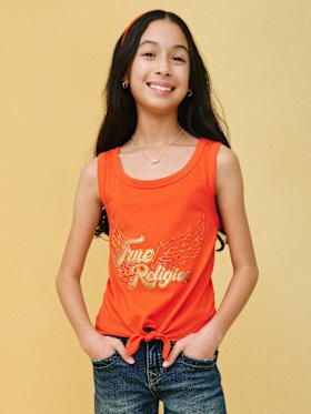 GIRLS IRIDESCENT WINGED LOGO TIE TANK TOP
