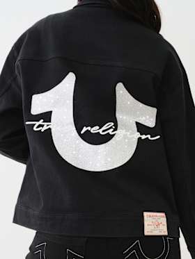OVERSIZED GLITTER LOGO DENIM TRUCKER JACKET