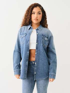 OVERSIZED DENIM CRYSTAL LOGO LONG SLEEVE SHIRT