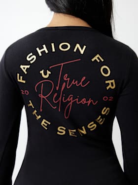 RIBBED METALLIC LOGO HENLEY TEE