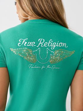 CRYSTAL WINGED HORSESHOE V NECK TEE