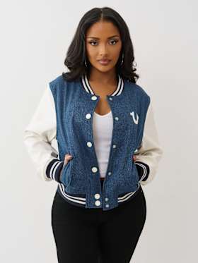 CRYSTAL WING DENIM VARSITY JACKET