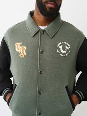 COLLARED PATCH FLEECE VARSITY JACKET