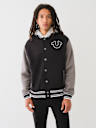 FLEECE HOODED VARSITY JACKET