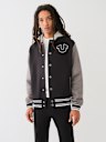 FLEECE HOODED VARSITY JACKET