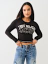 CAMISETA PEQUEÑA DE MANGA LARGA CON COSTURAS EN CONTRASTE Y CRISTAL