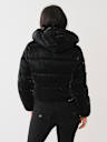 FAUX PATENT LEATHER HOODED PUFFER JACKET 