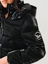 FAUX PATENT LEATHER HOODED PUFFER JACKET 