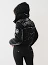 FAUX PATENT LEATHER HOODED PUFFER JACKET 