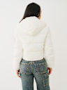 FAUX PATENT LEATHER HOODED PUFFER JACKET 