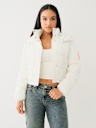 FAUX PATENT LEATHER HOODED PUFFER JACKET 