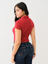EMBROIDERED CROPPED RIBBED POLO SHIRT